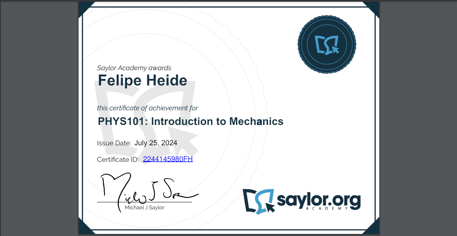 Introduction to Mechanics Certificate